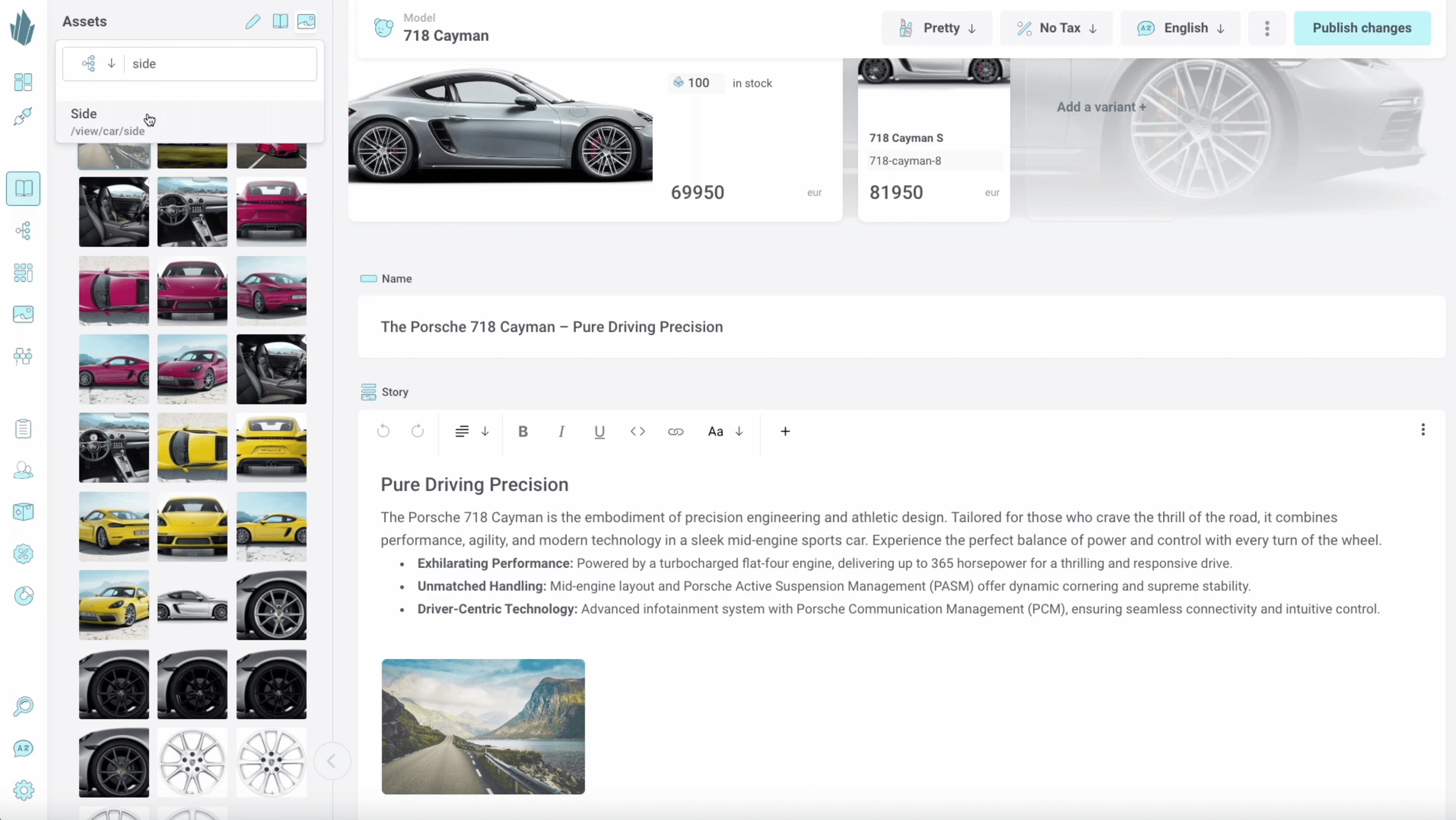 Crystallize Porsche product page editor